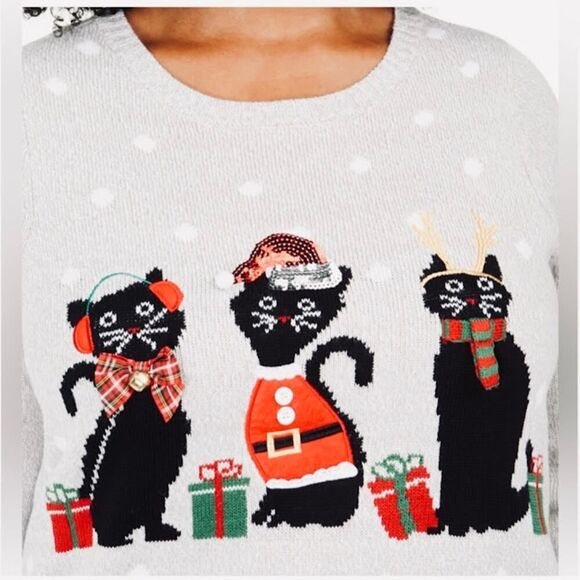 Karen Scott Holiday Meowy Cat NOT-Ugly Christmas Sweater in Gray 1X - Picture 4 of 11